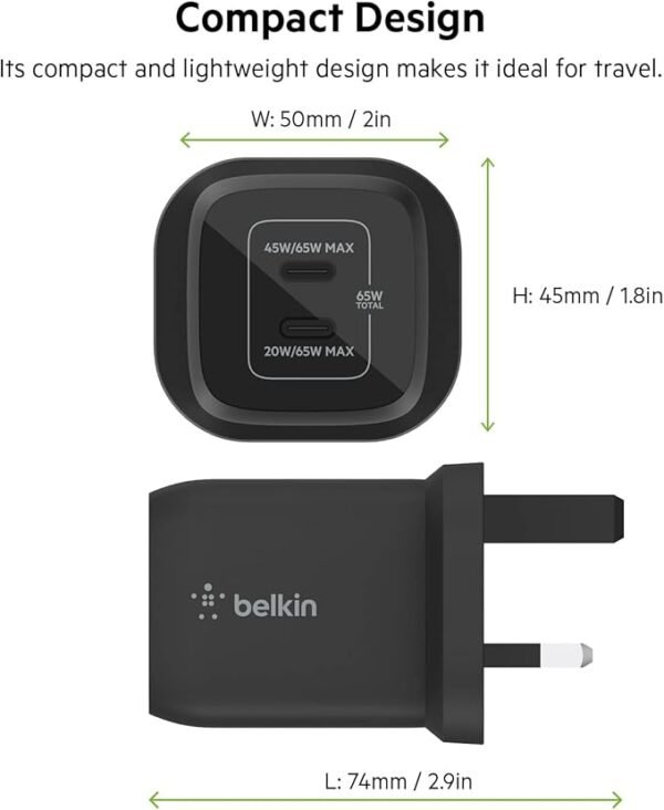 Belkin 65W Dual USB Type C Wall Charger, Fast Charging Power Delivery 3.0 with GaN Technology, USB Plug fast charger for iPhone 16, 15, 14, iPad, MacBook, Samsung Galaxy S24, Pixel and more - Black