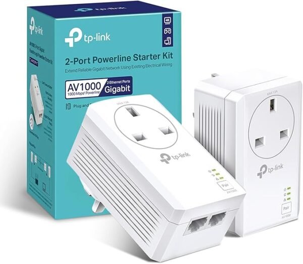 TP-Link TL-PA7027P KIT AV1000 2-Port Gigabit Passthrough Powerline Starter Kit, Data Transfer Speed Up to 1000 Mbps, Ideal for HD/3D/4K Video Streaming, Online Gaming, No Configuration Required, White