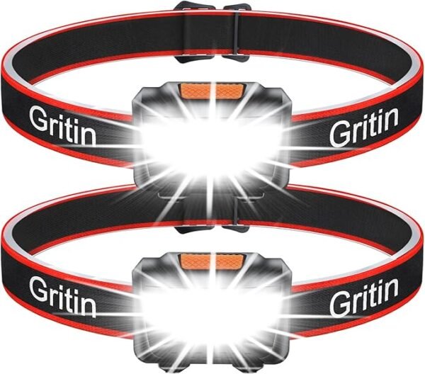 Gritin LED Head Torch, [2 Pack] COB Headlamp Super Bright Headlight, Adjustable with 3 Modes