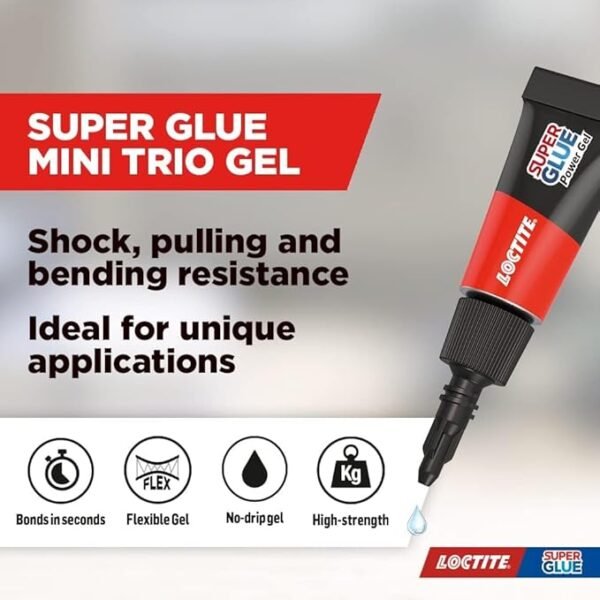 Loctite Mini Trio Power Gel, Strong Super Glue Gel for Repairs, All Purpose Adhesive for Flexible Materials, Easy to Use Clear Glue, 3 x 1g x 2