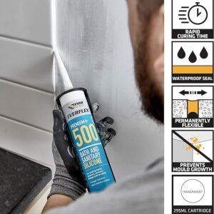 Everbuild Everflex 500 Bath And Sanitary Silicone – Interior And Exterior Application – Anti-Fungal – Quick Curing – Translucent – 295ml Cartridge