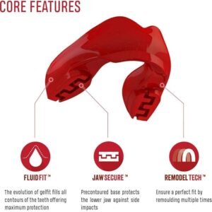 SAFEJAWZ Sports Braces Mouthguard/Gum Shield and Cleaner Spray Bundle for Contact Sports Rugby Boxing Martial Arts (Red)