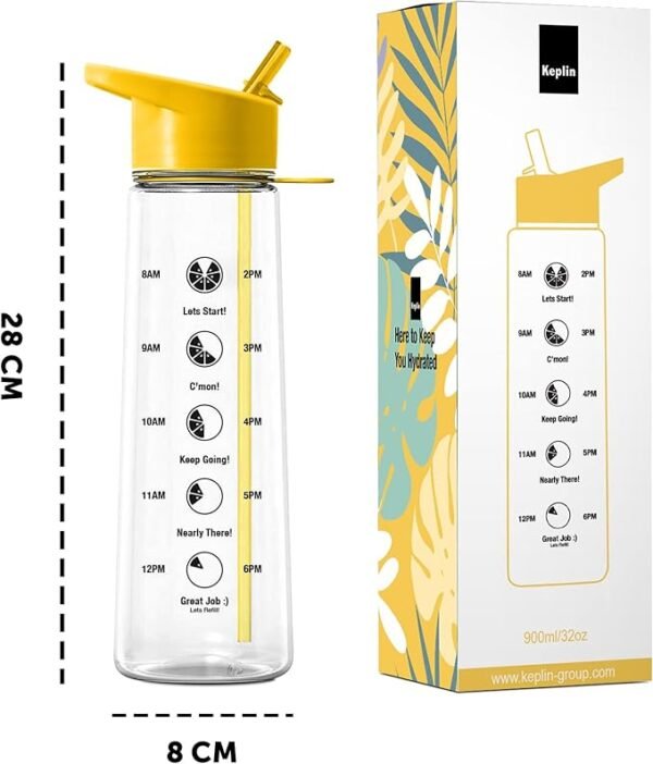KEPLIN Premium 900ml Water bottle with Straw | BPA-Free, Daily Water Intake Bottle with Time Markings | Leakproof Sports Water Bottle, Ideal for Gym, Office, Cycling & Running (Yellow)