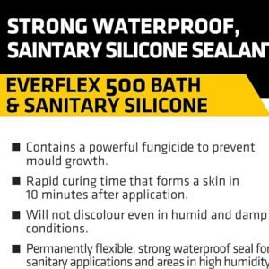 Everbuild Everflex 500 Bath And Sanitary Silicone – Interior And Exterior Application – Anti-Fungal – Quick Curing – Translucent – 295ml Cartridge