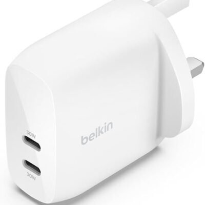 Belkin BoostCharge dual USB-C plug with PPS, 60W phone charger for iPhone 16 and other, iPad, Samsung Galaxy, Google Pixel, MacBook - compatible w/ USB-C to lightning cable & USB-C to USB-C - white