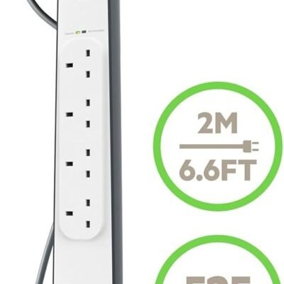 Belkin Extension Lead with USB Slots x 2 (2.4 A Shared), 4 Way/4 Plug Extension, 2m Surge Protected Power Strip - White