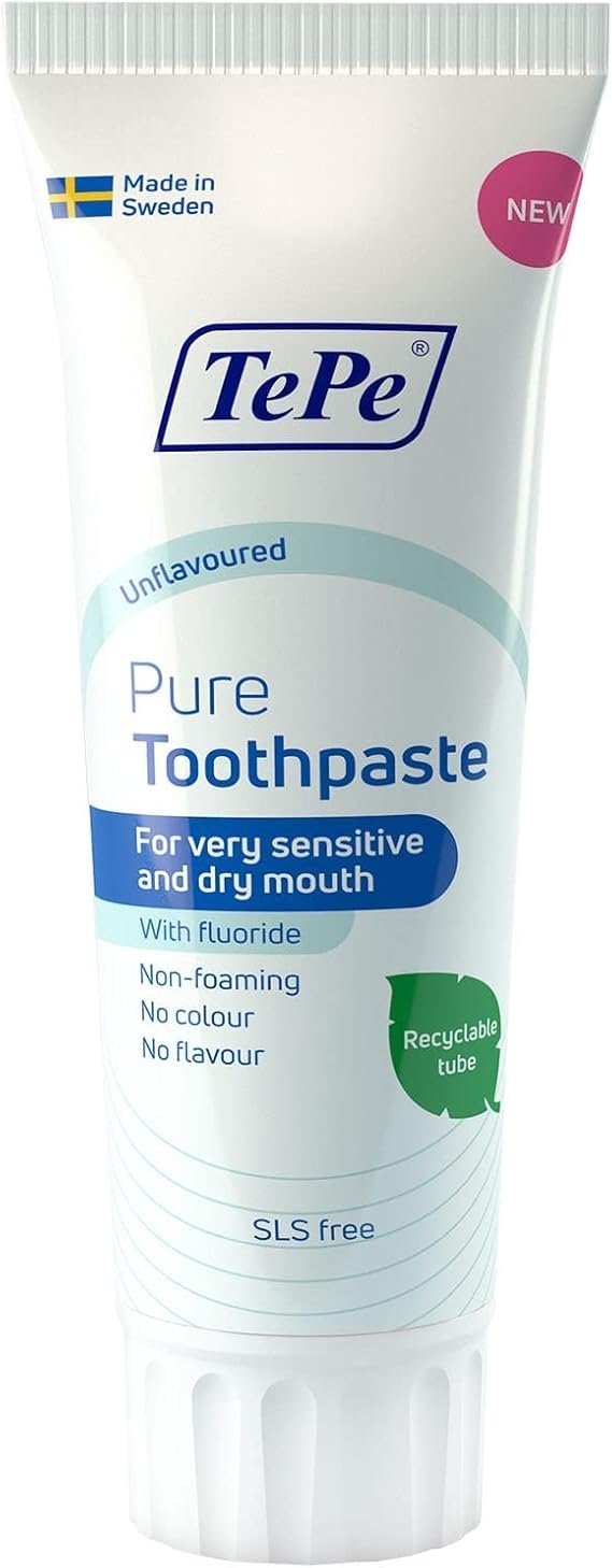 TePe Pure Toothpaste, unflavoured, Very Gentle Everyday Fluoride Toothpaste for Very Sensitive Gums and Dry Mouth
