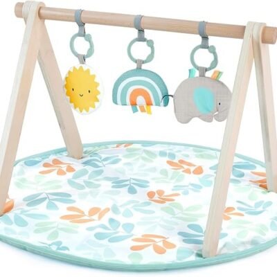 Ingenuity: ity by Ingenuity, Sun Valley Wooden Toy Arch & Play Mat, Foldable A-Frame Bar with 3 Removable Toys, Machine-Washable Mat, Unisex, for Ages 0-36 Months