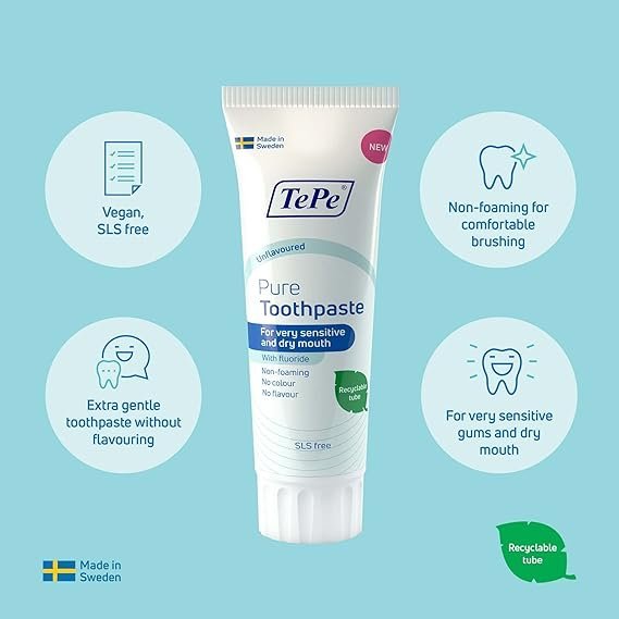 TePe Pure Toothpaste, unflavoured, Very Gentle Everyday Fluoride Toothpaste for Very Sensitive Gums and Dry Mouth - Image 3