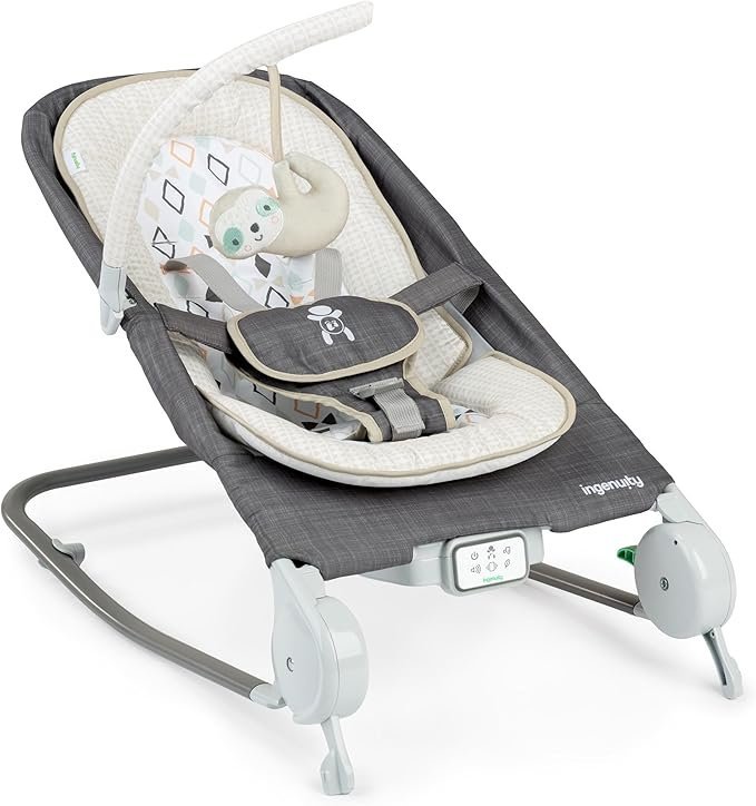Ingenuity Happy Belly Rock-to-Bounce Seat, Music, Vibration, Detachable Toy Bar, Plush Sloth Toy, for Ages 0-6 Months, Grey - Parker