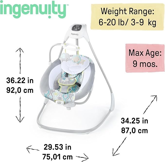 Ingenuity SimpleComfort Lightweight Compact 6-Speed Multi-Direction Baby Swing, Vibrations & Nature Sounds, 0-9 Months 6-20 lbs (Everston) - Image 2
