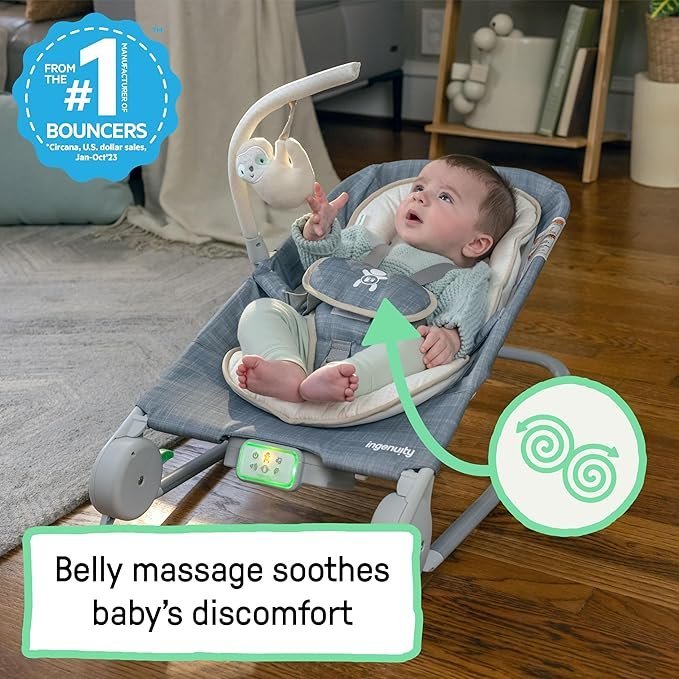 Ingenuity Happy Belly Rock-to-Bounce Seat, Music, Vibration, Detachable Toy Bar, Plush Sloth Toy, for Ages 0-6 Months, Grey - Parker - Image 4