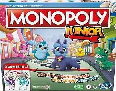 Monopoly Junior Board Game, 2-Sided Gameboard, 2 Games in 1, Monopoly Game for Younger Children; Kids Games, Junior Games