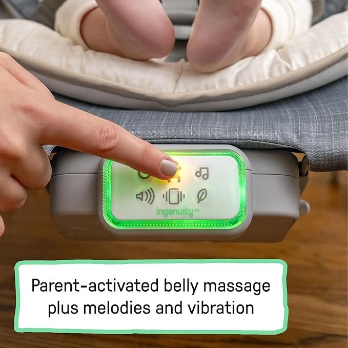 Ingenuity Happy Belly Rock-to-Bounce Seat, Music, Vibration, Detachable Toy Bar, Plush Sloth Toy, for Ages 0-6 Months, Grey - Parker - Image 3