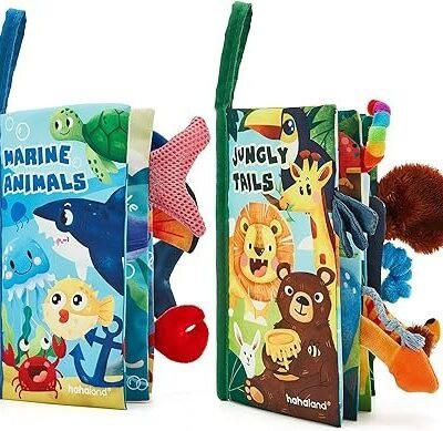 hahaland 2 Pcs Sensory Toys 0-6 Months Touch Feel Activity Soft Book with Squeaker