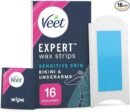 Veet Expert Cold Wax Strips, 16 Strips + 3 Finish Wipes, Brazilian Wax, Bikini Wax Strips, Bikini Hair Removal Underarm, Senisitive Wax Strips, Almond Oil, Waxing, Hair Removal