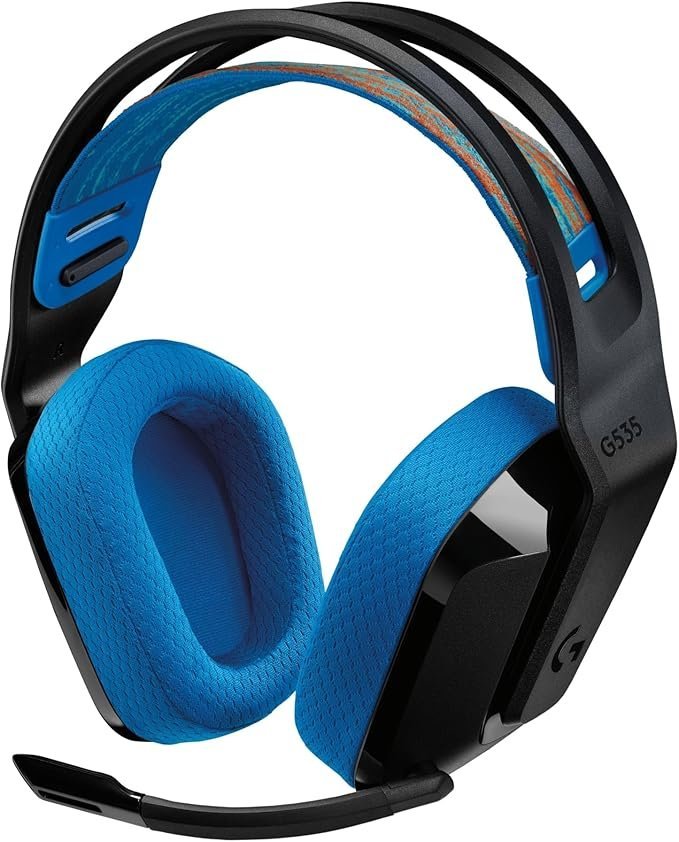 Logitech G G535 Lightspeed Wireless Gaming Headset - Lightweight on-ear headphones, flip to mute mic, 33 hour battery life, compatible with PS5, PS4, PC, USB-C rechargeable - Black/Blue