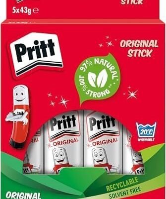Pritt Glue Stick, Safe & Child-Friendly Craft Glue for Arts & Crafts Activities, Strong-Hold adhesive for School & Office Supplies, 43g (Pack of 5)