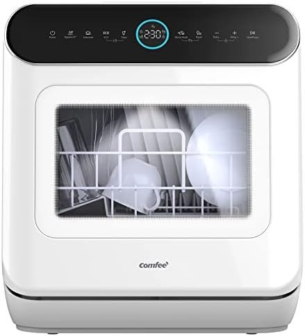 COMFEE' Mini Plus Dishwasher TD305-W Compact Table Top Dishwasher with 3 Place Settings, 7 Programmes, Touch Control, LED Display, Delay Start and Off-peak Wash Function - White