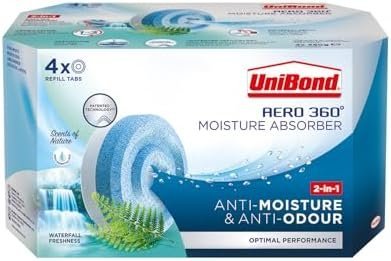 UniBond AERO 360° Moisture Absorber Waterfall Freshness Refill Tab, Aromatherapy, Ultra-Absorbent and Odour-Neutralising, for AERO 360° Dehumidifier, Condensation Absorbers, Four Pack (4 x 450g)