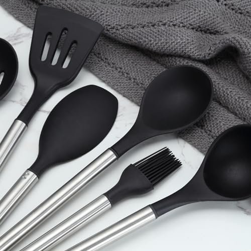 38 Pieces Kitchen Utensils Set, BEWOS Silicone Cooking Utensils Set with Spatula, Utensil Holder and Measuring Spoons, Nonstick Heat Resistant, Black Kitchen Gadgets, Stainless Steel Handle - Image 3