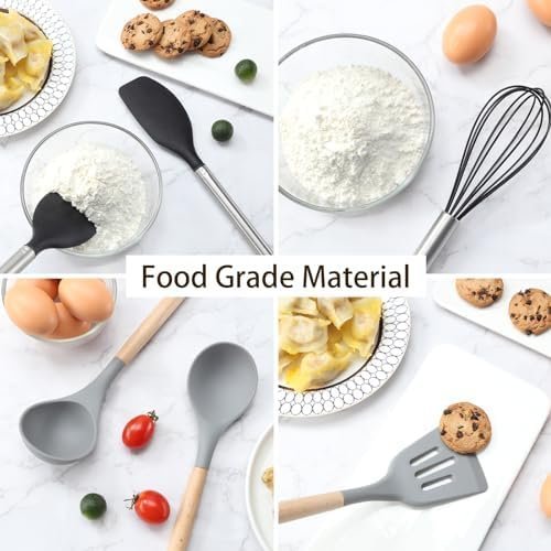 38 Pieces Kitchen Utensils Set, BEWOS Silicone Cooking Utensils Set with Spatula, Utensil Holder and Measuring Spoons, Nonstick Heat Resistant, Black Kitchen Gadgets, Stainless Steel Handle - Image 2