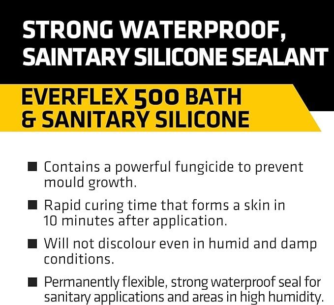 Everbuild Everflex 500 Bath And Sanitary Silicone – Interior And Exterior Application – Anti-Fungal – Quick Curing – Translucent – 295ml Cartridge - Image 3